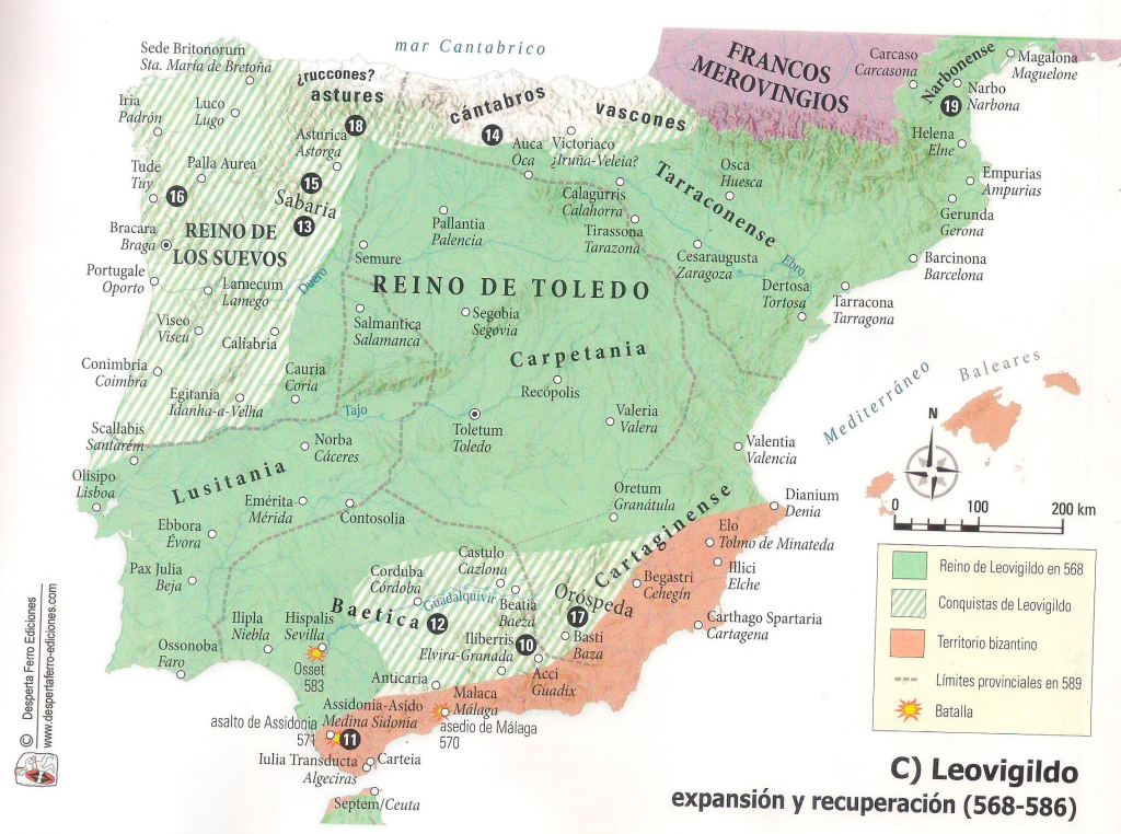 Mapa del Reino visigodo bajo Leovigildo. Fuente Despertaferro