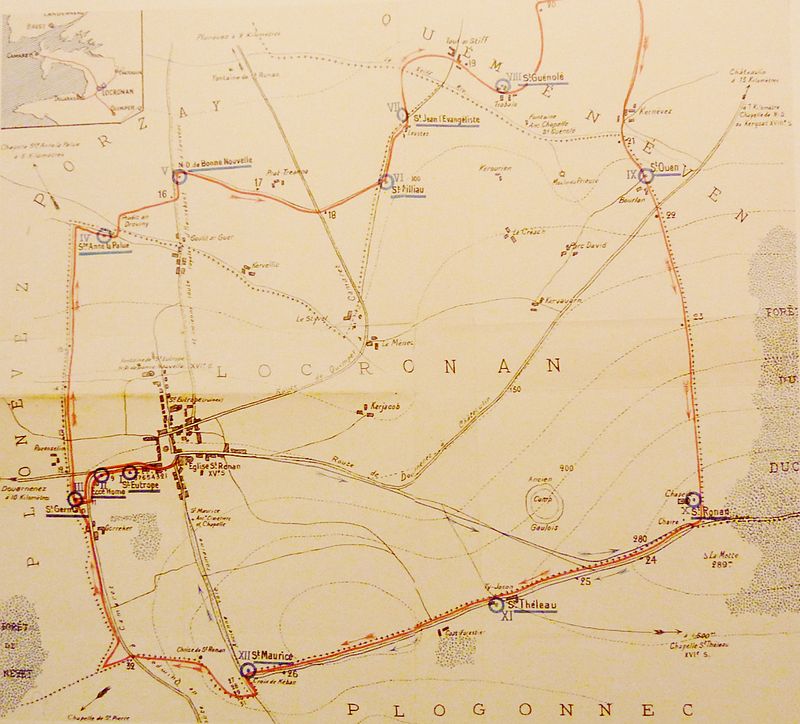 Mapa del recorrido de la Tromenia de Locronan que data de 1923 (por el abad Ronan GraGuéngduen)