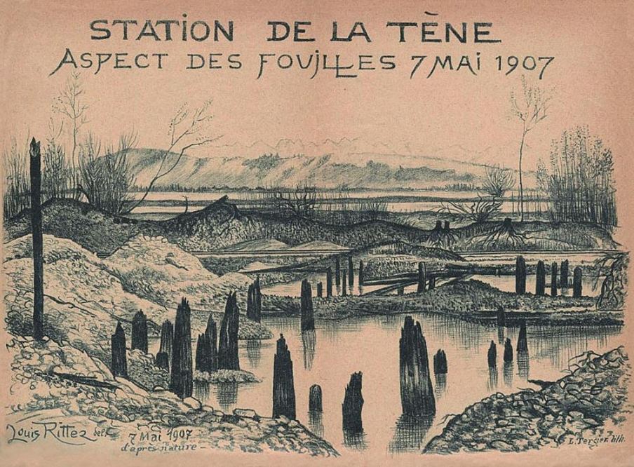 Lámina extraída del Diario de excavaciones (1906-1917) de Paul Vouga. Litografía según un dibujo realizado el 7 de mayo de 1907 por Fernand-Louis Ritter ( Laténium, Hauterive).
