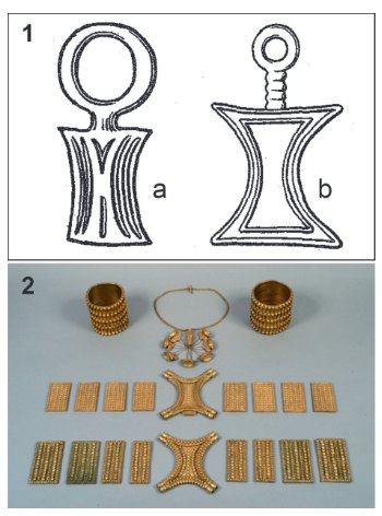 Colgantes de piel extendida de tipo centroeuropeo 1 y piezas del tesoro del Carambolo 2.