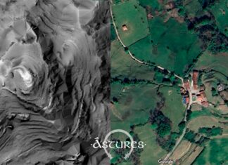 Modelo LiDAR de El Col.leu en Riosa y fotografía aérea de Google Earth.