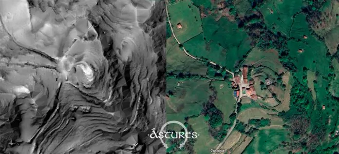 Modelo LiDAR de El Col.leu en Riosa y fotografía aérea de Google Earth.