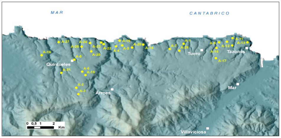 Mapa de explotaciones de azabache en Les Mariñes. Villaviciosa