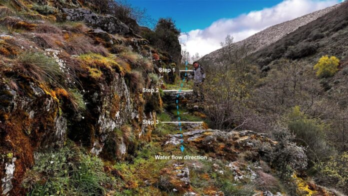 Análisis de pendientes en los canales de las Médulas. Foto de los autores. Análisis de pendientes en los canales de las Médulas. Foto de los autores.