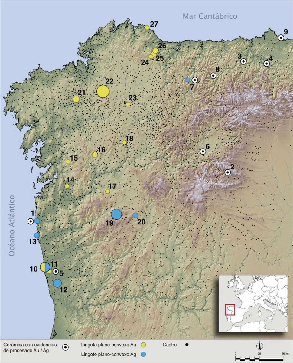 Mapa de distribución de materiales cerámicos con evidencias de procesado de plata y oro: Elaboración: B.X. Currás