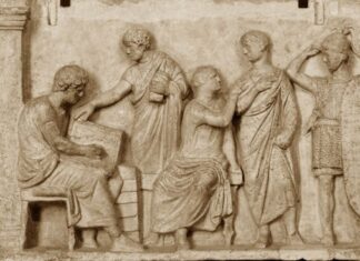 Detalle del relieve del altar de Domicio Ahenobarbo, donde aparece un funcionario romano encargado del censo. Fuente Wiki commons.