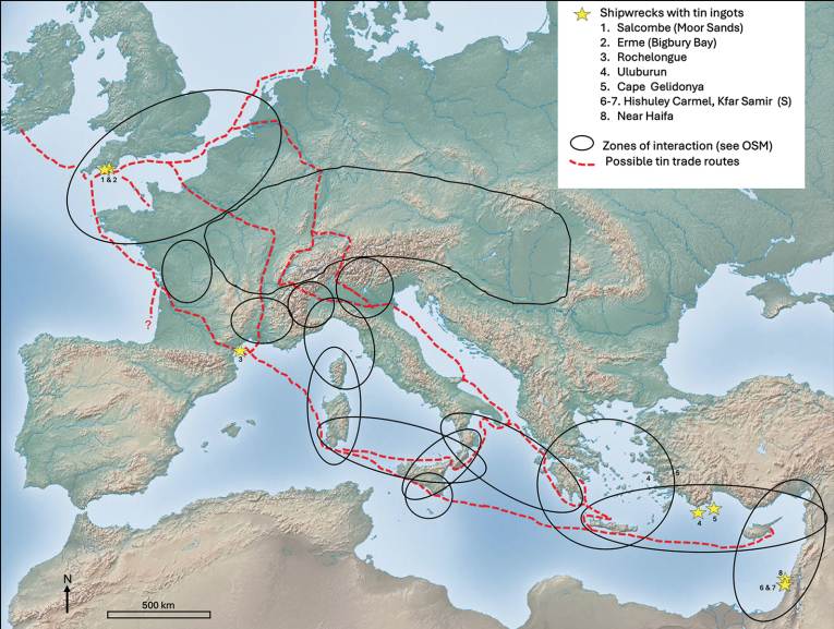 Posibles rutas comerciales en cadena desde el suroeste de Gran Bretaña hasta el Mediterráneo oriental a través de zonas de interacción intensa definidas arqueológicamente hacia el 1300 a.C. Elaboración por los autores del estudio.
