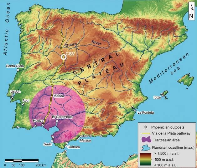 Mapa de la posición del cerro de San Vicente respecto a los asentamientos comerciales fenicios y las vías de comunicación como la de la Plata que atraviesan de norte a sur la península. Crédito: autores de la publicación.