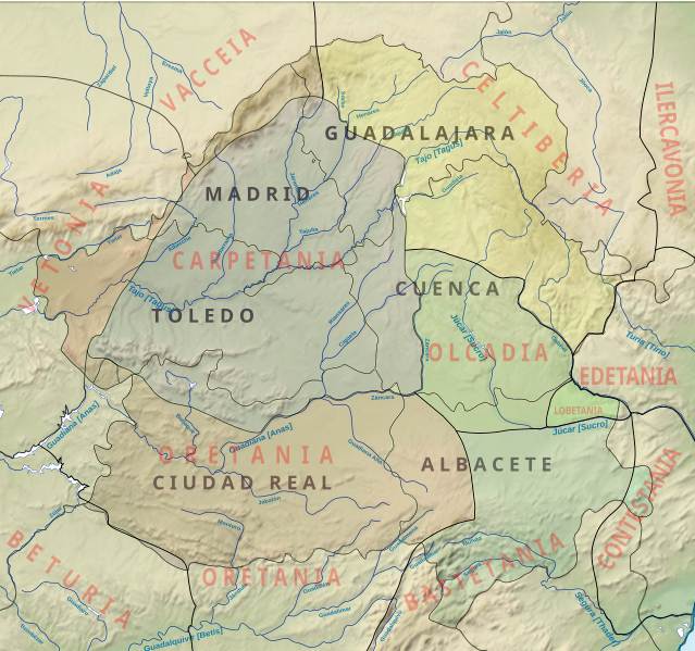 Territorios prerromanos de Madrid y Castilla-La Mancha marcados sobre la actual división provincial. Autor: Paulusburg.