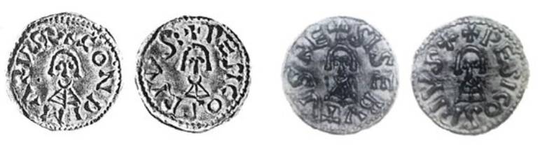 Trientes de Gundemaro (izquierda) y Sisebuto (derecha), únicos ejemplares acuñados en Pésicos.Triente de Gundemaro, 1,52 g, 18 mm: A/ + GONDIMARVS R(ex). Busto de frente. R/ + PESICOS PIVS. Busto de frente (Colección de la Casa Bancária Almeida, Basto & Piombino & Cia., Lisboa). Triente de Sisebuto, 1,45 g, 18 mm: A/ + SISEBVTVS RE(x). Busto de frente. R/ + PESICOS PIVS +. Busto de frente (Museo Arqueológico Nacional, Madrid; perdida).
En González García, 2021