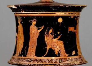 Píxide con una representación de la preparación de una novia griega para la boda. Museo Británico
