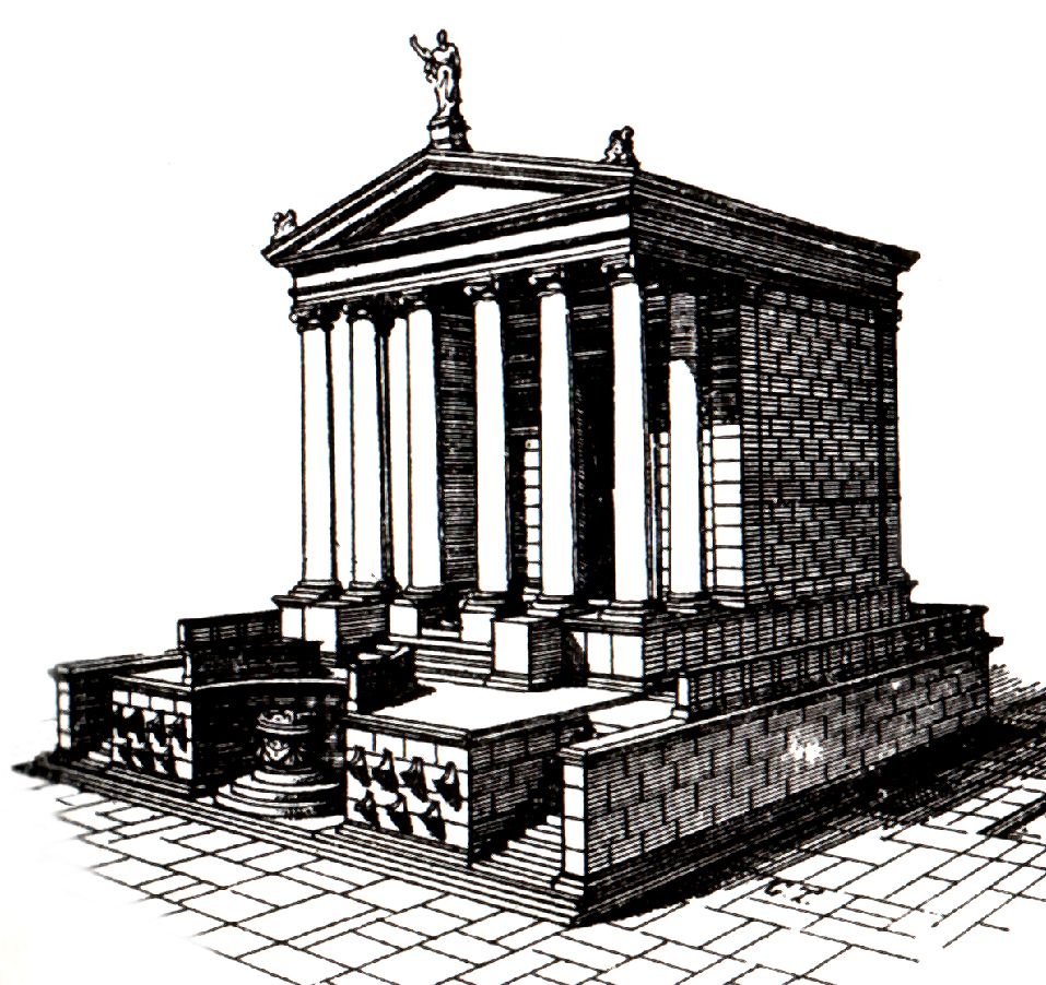 Recreación del Templo de César realizada por   Christian Hülsen, en su libro Bretschneider und Regenberg, 1904. CC