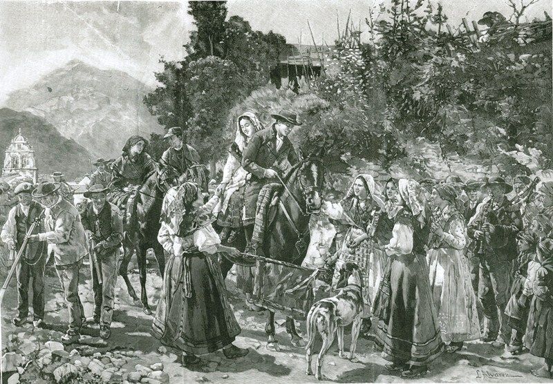 Grabado de Luis Álvarez Catalá, fines del siglo XIX que representa un cortejo nupcial en Hermo, Cangas del Narcea. Fuente Tous pa Tous