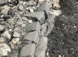 Detalle de los grandes cantos de río careados para formar la pared exterior (interna respecto al castro) de la muralla. Antrialgo 2025
