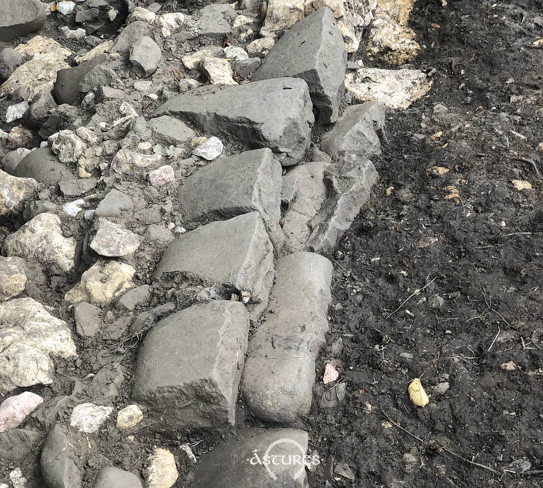 Detalle de los grandes cantos de río careados para formar la pared exterior (interna respecto al castro) de la muralla. Antrialgo 2025