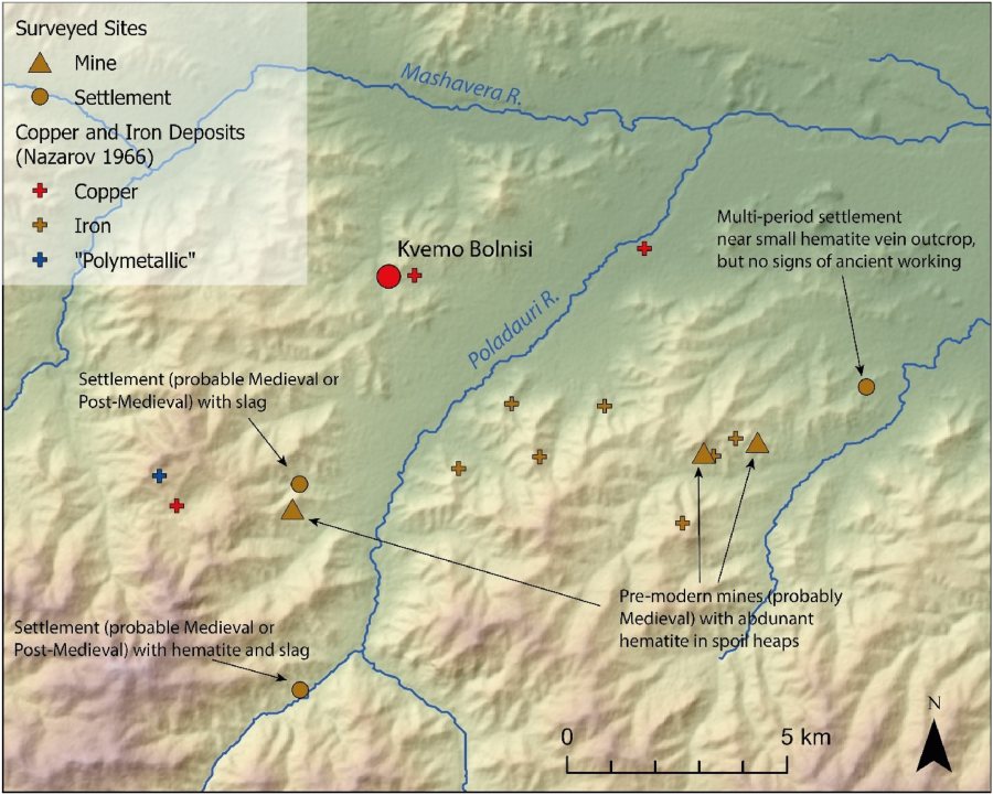 Yacimientos con hematita estudiados por el Proyecto ARKK en las cercanías de Kvemo Bolnisi. Mapa de los autores de la publicación.