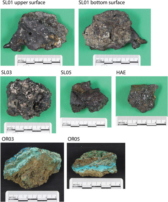 Imágenes de muestras seleccionadas de escoria y minerales.