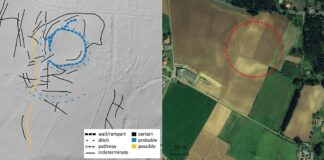 Coto das Medorras (Frades, A Coruña): interpretación de trazas (izquierda) y delimitación previa del lugar designado (derecha). Imágenes de fondo: PNOA LiDAR (sombreado) y Google Earth 2009 PNOA-IGN CC-BY 4.0 ign.es y Google–Maxar Technologies.