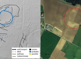Ocultos a simple vista. Castros más complejos y grandes de lo que se pensaba para el noroeste peninsular Coto das Medorras (Frades, A Coruña): interpretación de trazas (izquierda) y delimitación previa del lugar designado (derecha). Imágenes de fondo: PNOA LiDAR (sombreado) y Google Earth 2009 PNOA-IGN CC-BY 4.0 ign.es y Google–Maxar Technologies.