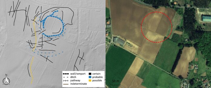 Coto das Medorras (Frades, A Coruña): interpretación de trazas (izquierda) y delimitación previa del lugar designado (derecha). Imágenes de fondo: PNOA LiDAR (sombreado) y Google Earth 2009 PNOA-IGN CC-BY 4.0 ign.es y Google–Maxar Technologies.