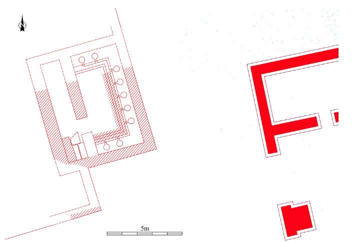 Recrecación en planta de las letrinas (izquierda) y estancias de la puerta, derecha. Morillo, Durán y Martín Hernández