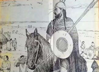 Una ilustración de un jinete astur. Gaspar Meana, 1993 ilustración de la vida cotidiana de los astures transmontanos. Jinete astur. Gaspar Meana, 1993