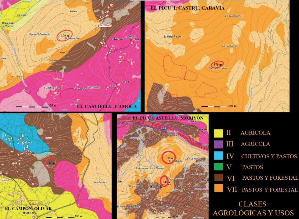 Tipos de suelo en torno a los castros citados en el artículo. A pesar de esta catalogación se produce el aprovechamiento agrario de algunos de esos suelos, a priori, menos aptos para el cultivo. Autores.