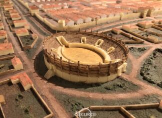 Detalle de la maqueta de Legio en época altoimperial en la que se ve el aspecto ideal del anfiteatro. Centro de interpretación del León romano.