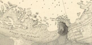 Cerro Coroña, detallde la carta de la bahía de Gijón, levantado en 1879 por el Ingeniero de la Junta de Obras Fernando García Arenal. Publicaod en 1991. ARchivo CNIG