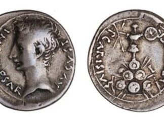 Denario con reverso de triunfo (expolio). Cabeza de emperador mirando a la izquierda. Foto American Numismatic Society