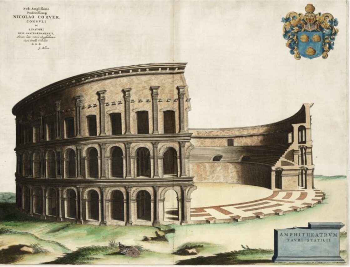 Grabado del anfiteatro de Statilio Tauro en Roma. Estaba situado al oese del Campo de Marte. Fue destruido pro el incendio del 64 a.C. Fuente CC