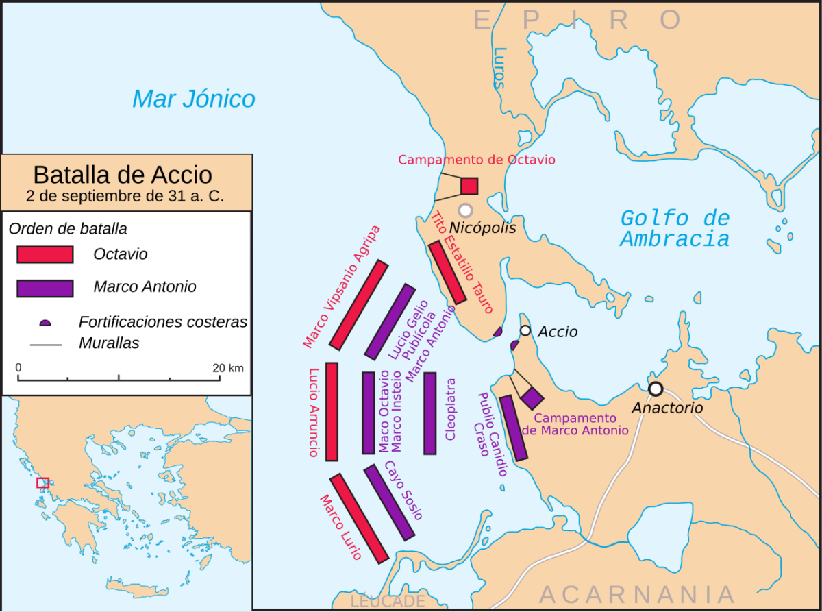 Batalla de Actium. Créditos: Battle_of_Actium-en.svg: Future Perfect at Sunrise, on the basis of work by User:Lencer and User:Leo2004derivative work: Rowanwindwhistler, CC BY-SA 3.0 , via Wikimedia Commons