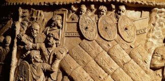 Detalle de la columna de Trajano mostrando un ataque de una legión en formación de testudo contra un asentamiento enemigo. Foto Museo de la Civiltà Romana.