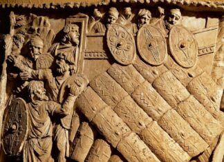 Detalle de la columna de Trajano mostrando un ataque de una legión en formación de testudo contra un asentamiento enemigo. Foto Museo de la Civiltà Romana.