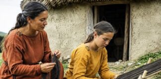 Recreación a través de IA de escena de madre e hija realizando tareas textiles en un castro astur de la Edad del Hierro.