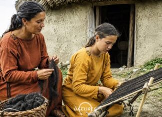 La vestimenta de los astures, algunas notas #29 Recreación a través de IA de escena de madre e hija realizando tareas textiles en un castro astur de la Edad del Hierro.