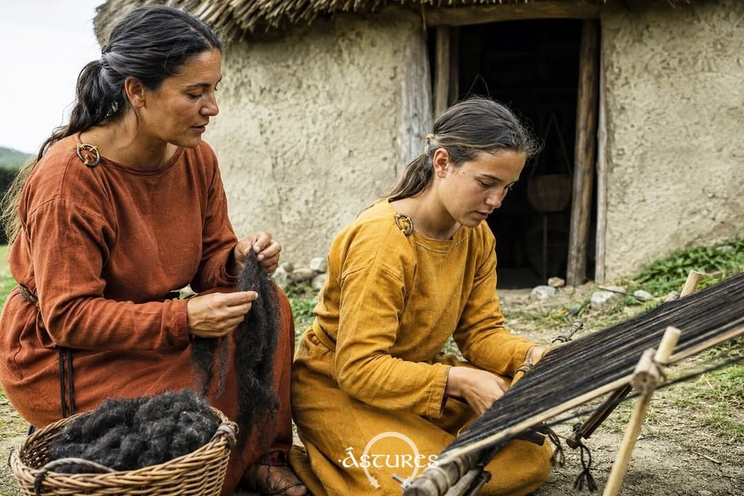 Recreación a través de IA de escena de madre e hija realizando tareas textiles en un castro astur de la Edad del Hierro. Tiene muchos errores históricos.
