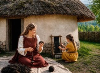 Recreando la Protohistoria con IA. Yo no he podido Escena "realista" de una madre y una hija realizando tareas textiles en la Edad del Hierro. Generada por IA con Dall-E. A priori parece correcta, pero está plagada de inconsistencias arqueológicas e históricas. Elaborada por el autor. No os fieis de la IA en divulgación histórica.