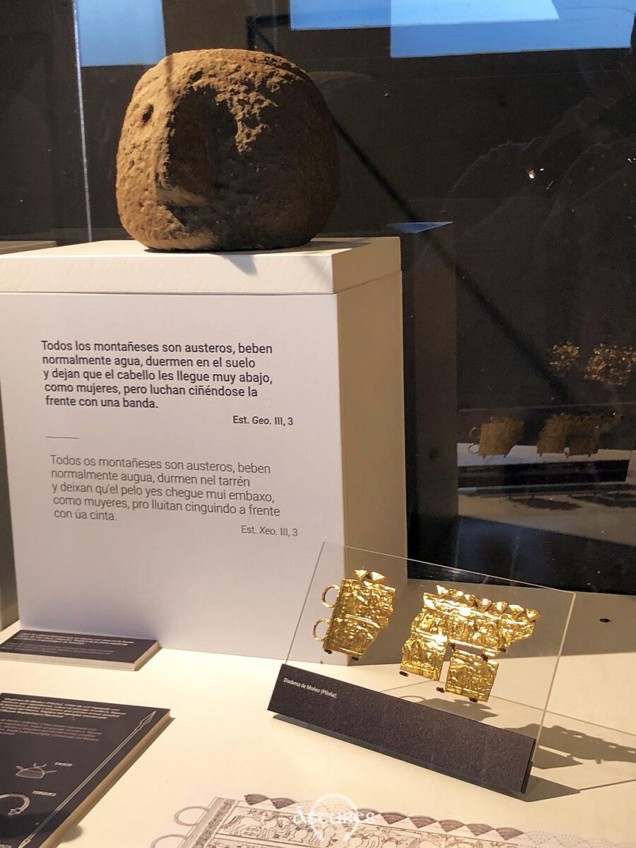 Esta vitrina es interesante para explicar a los visitantes varios objetos de la cultura de los castros de Asturias que hablan del mundo simbólico: la caneza del castro  San Chuis (Allande) la diadema de Moñes (Piloña) y tambén se mencionan los cascos de Ribadesella. Una mezcla representativa de objetos y periodos.