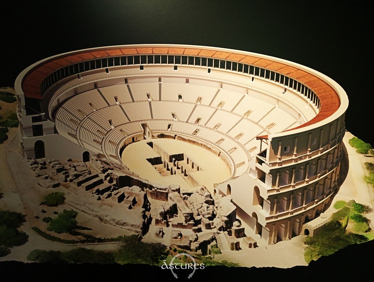 Ilustración que recrea el anfiteatro y su estructura. Aula del museo del anfiteatro de Itálica.