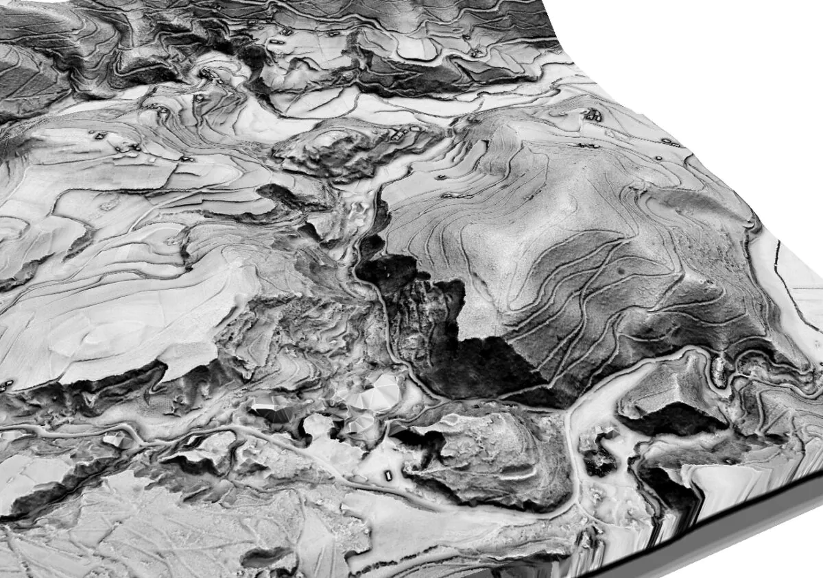 Vista 3D de la extensión de as covas con el castro de Arancedo al final de las mismas (centro superior de la imagen). Elaboración propia.