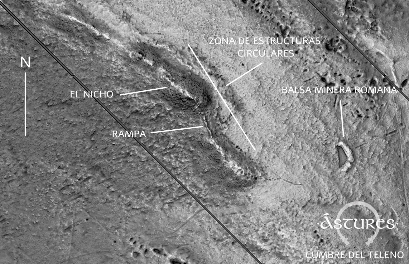 Modelo LiDAR de la cumbre del teleno y algunas infraestructuras mineras al noreste (la foto tiene orientación norte)