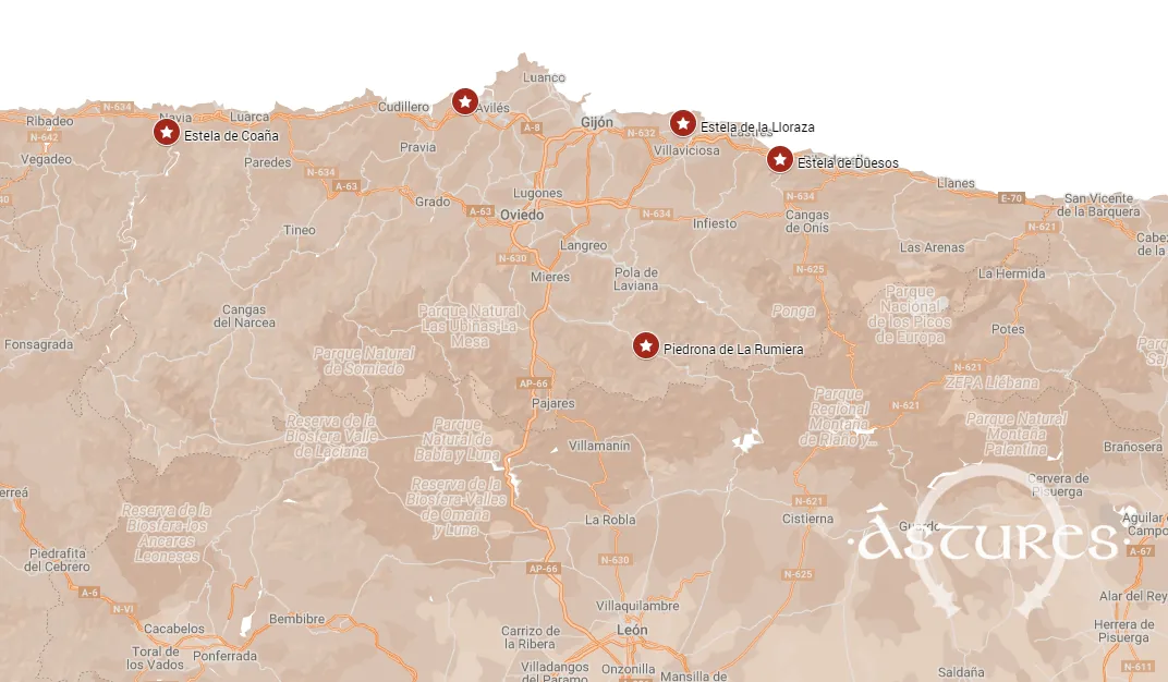 Mapa con la posición de las estelas discoideas de este tipo encontradas en Asturias. Basado en el de Joaquín Manzanares, en Asturies.. nº2 1996
