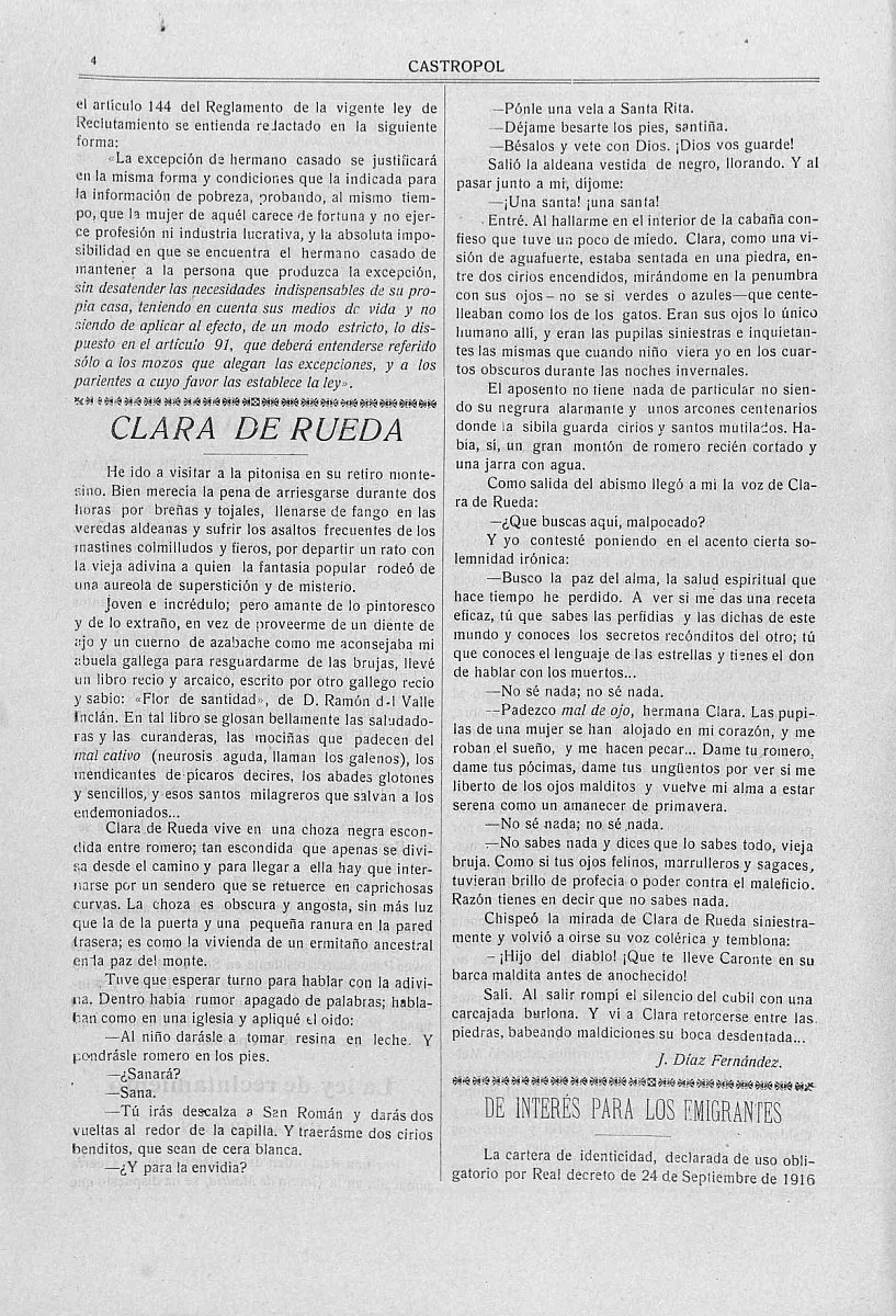 Artículo del periódico Castropol. 1917