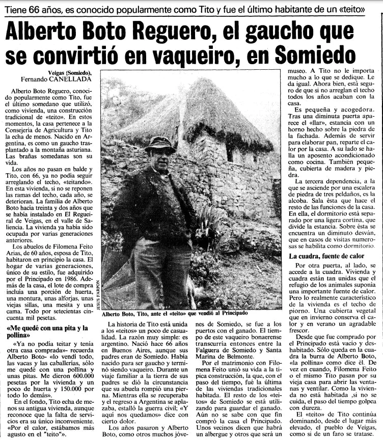 Recorte de LNE donde se cuenta la historia del último teito habitado de Somiedo.