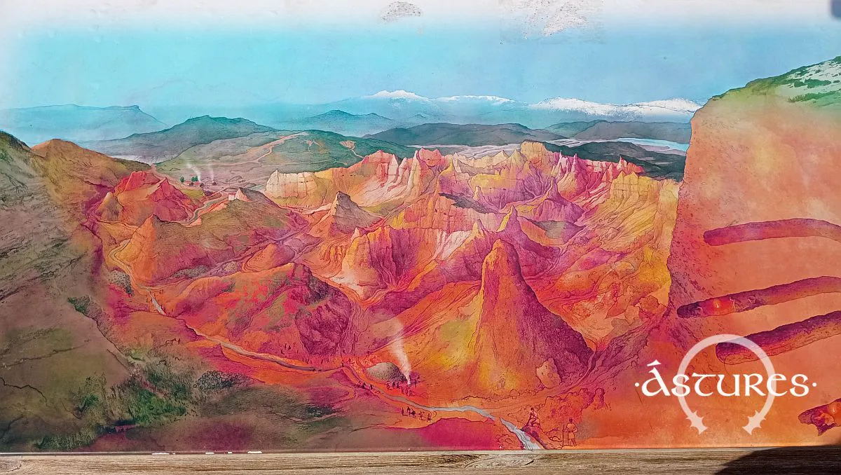 Panel explicativo de Las Médulas. Detalle de una de las ilustraciones. Mirador de Orellán.