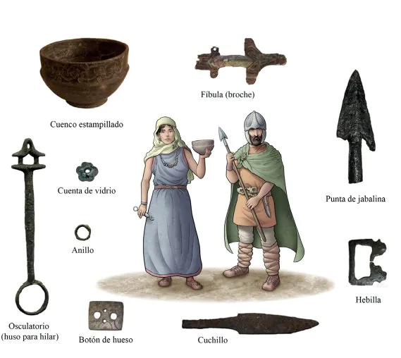 Representación de habitantes de El Castillón con los objetos recuperados en la excavación