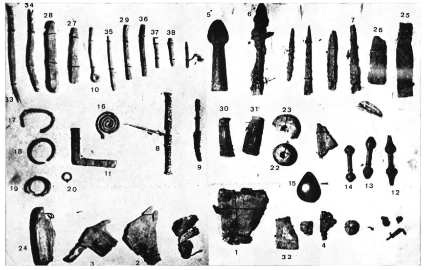 Piezas de Picu Castiellu de la Collada, Siero. A la derecha tres pasadores en T. Maya, 1974