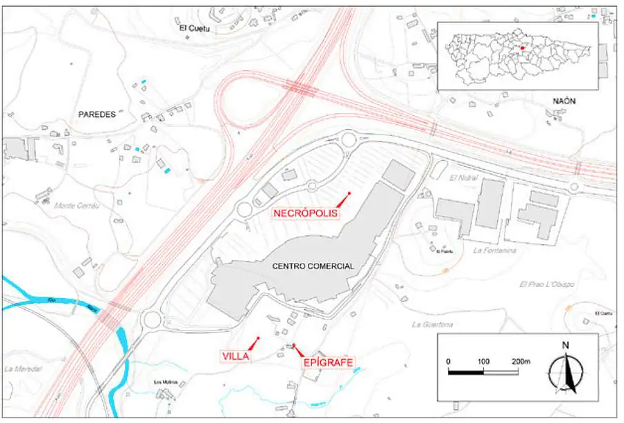 Necrópolis de paredes. Siero. Parque Principado, y posición de la villa y hallazgo de la inscripción de Camulo Vigano. (De Castro et alii, 2024)