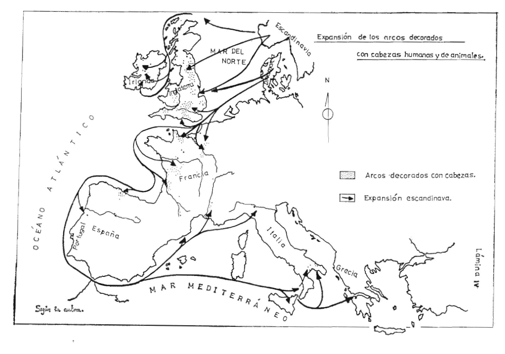 Interesantísimo mapa de Etelvina Fernández donde relaciona las rutas de expansión vikingas con la dispersión de las cabezas rostradas.